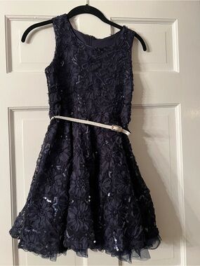Girls Navy Floral Sequin Party Dress with Metallic Belt